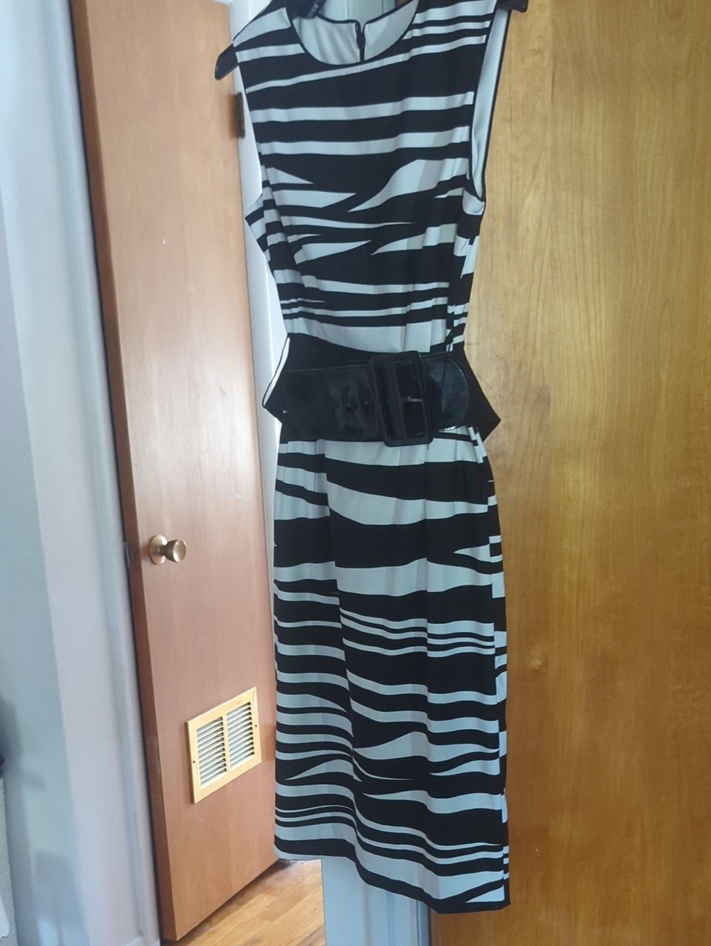 Bisou Bisou Black and White Striped Midi Dress with Waist Belt